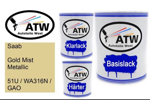 Saab, Gold Mist Metallic, 51U / WA316N / GAO: 1L Lackdose + 1L Klarlack + 500ml Härter - Set, von ATW Autoteile West.